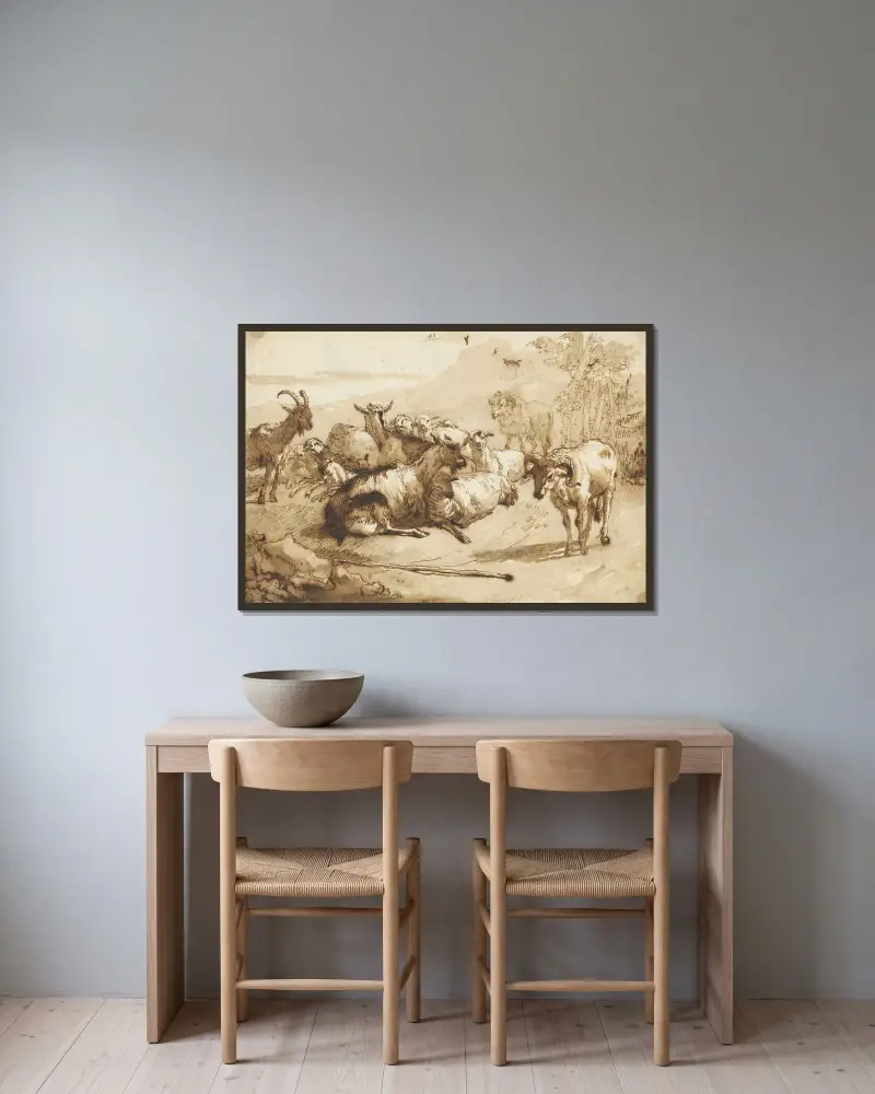 Getter och får i ett landskap av Giovanni Domenico Tiepolo inramad på en vägg