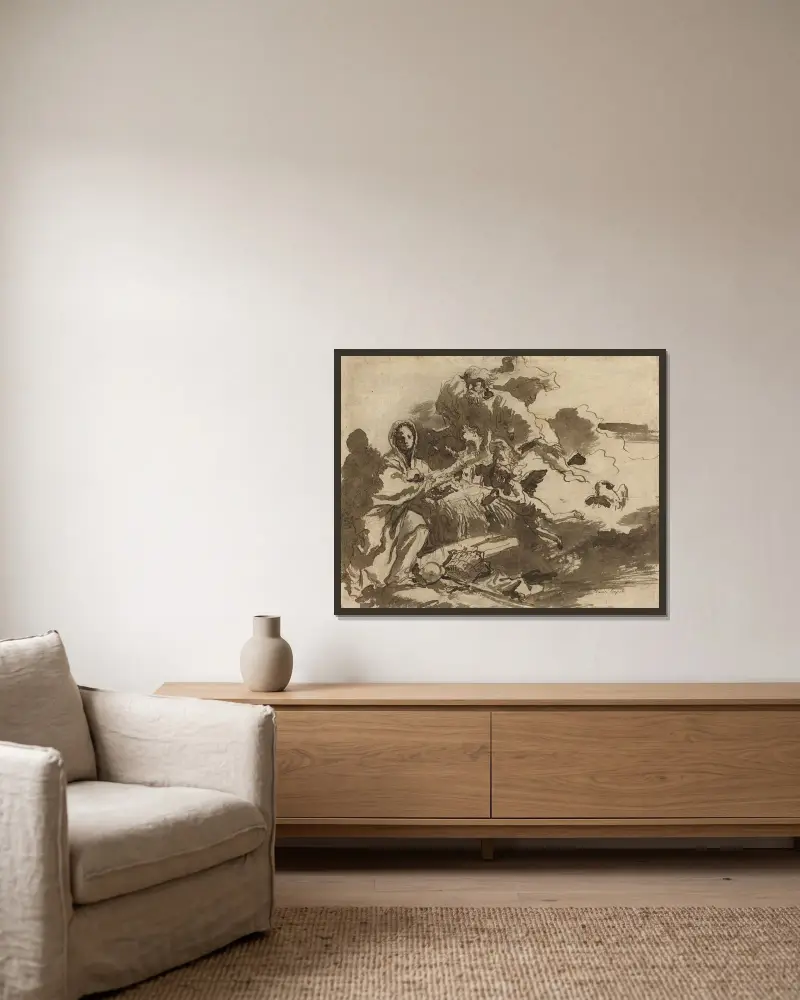 Gud Fadern och änglar som tillber Madonnan och barnet (recto) av Giovanni Domenico Tiepolo inramad på en vägg
