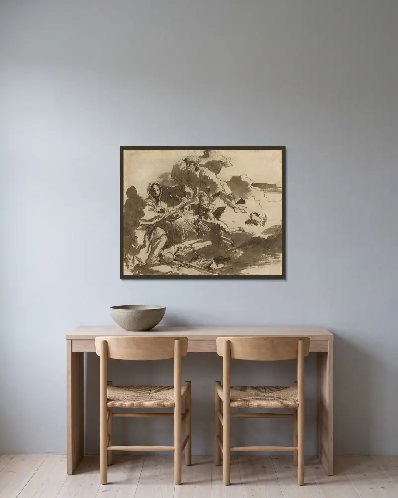 Gud Fadern och änglar som tillber Madonnan och barnet (recto) av Giovanni Domenico Tiepolo inramad på en vägg