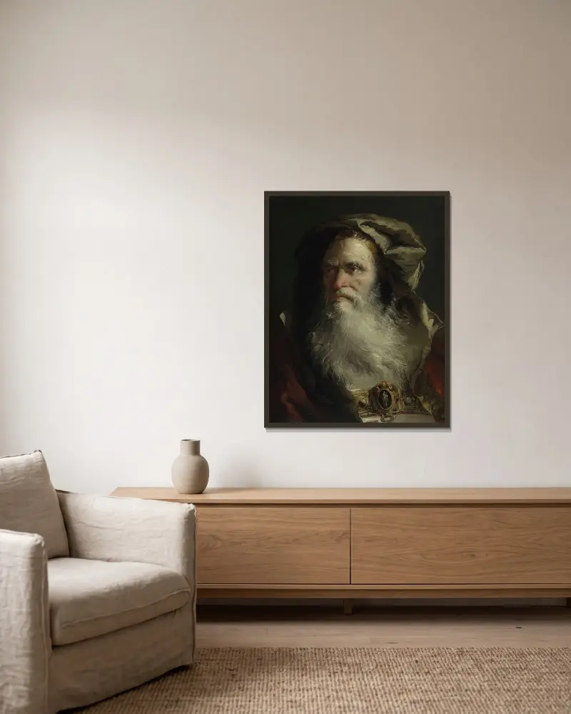 Filosofens huvud av Giovanni Domenico Tiepolo inramad på en vägg