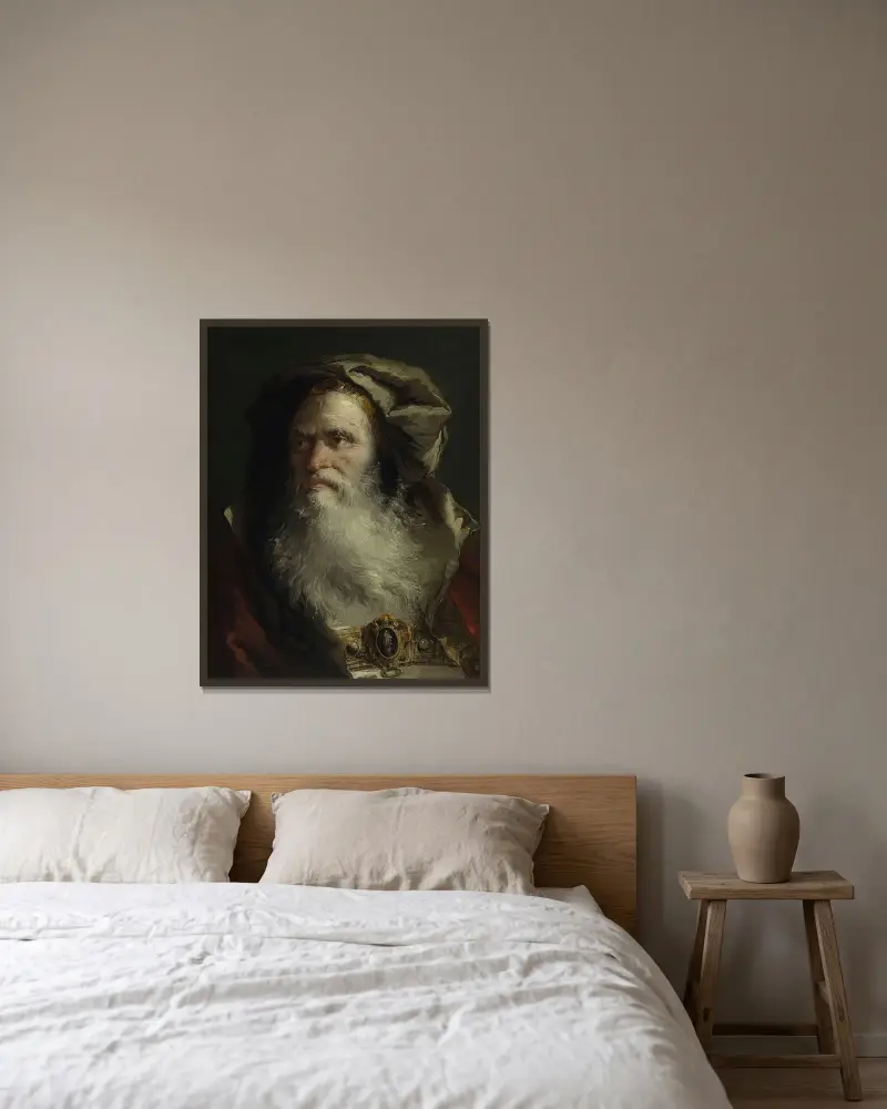 Filosofens huvud av Giovanni Domenico Tiepolo inramad på en vägg