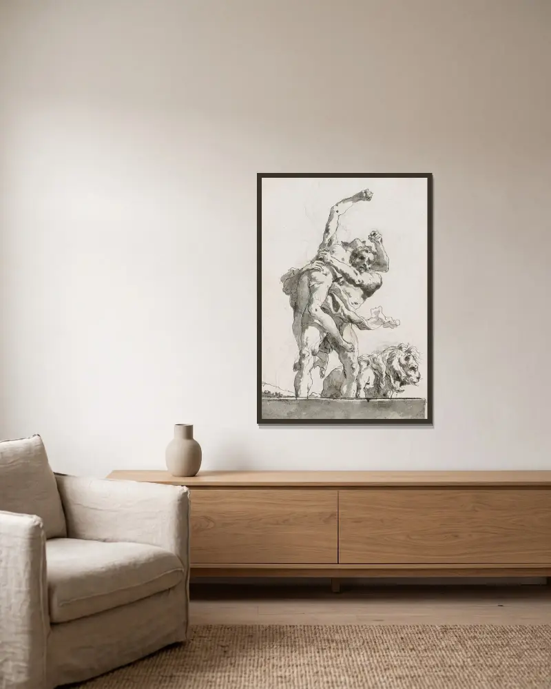 Herkules och Antaios av Giovanni Domenico Tiepolo inramad på en vägg