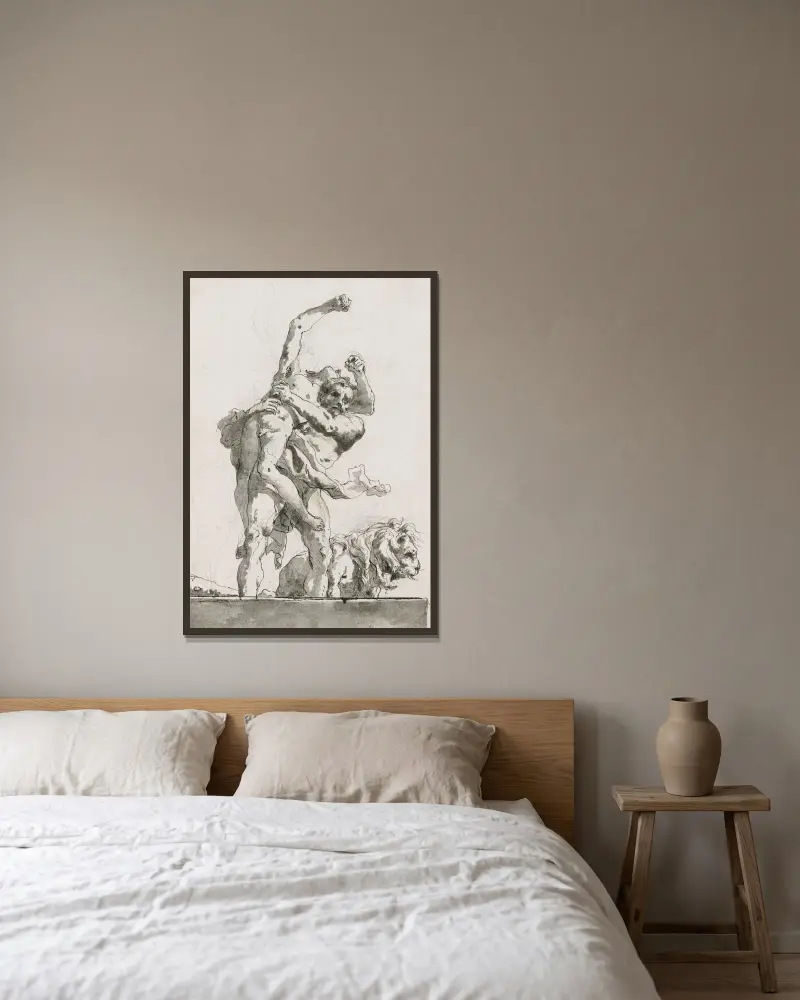 Herkules och Antaios av Giovanni Domenico Tiepolo inramad på en vägg