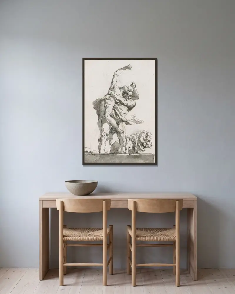 Herkules och Antaios av Giovanni Domenico Tiepolo inramad på en vägg