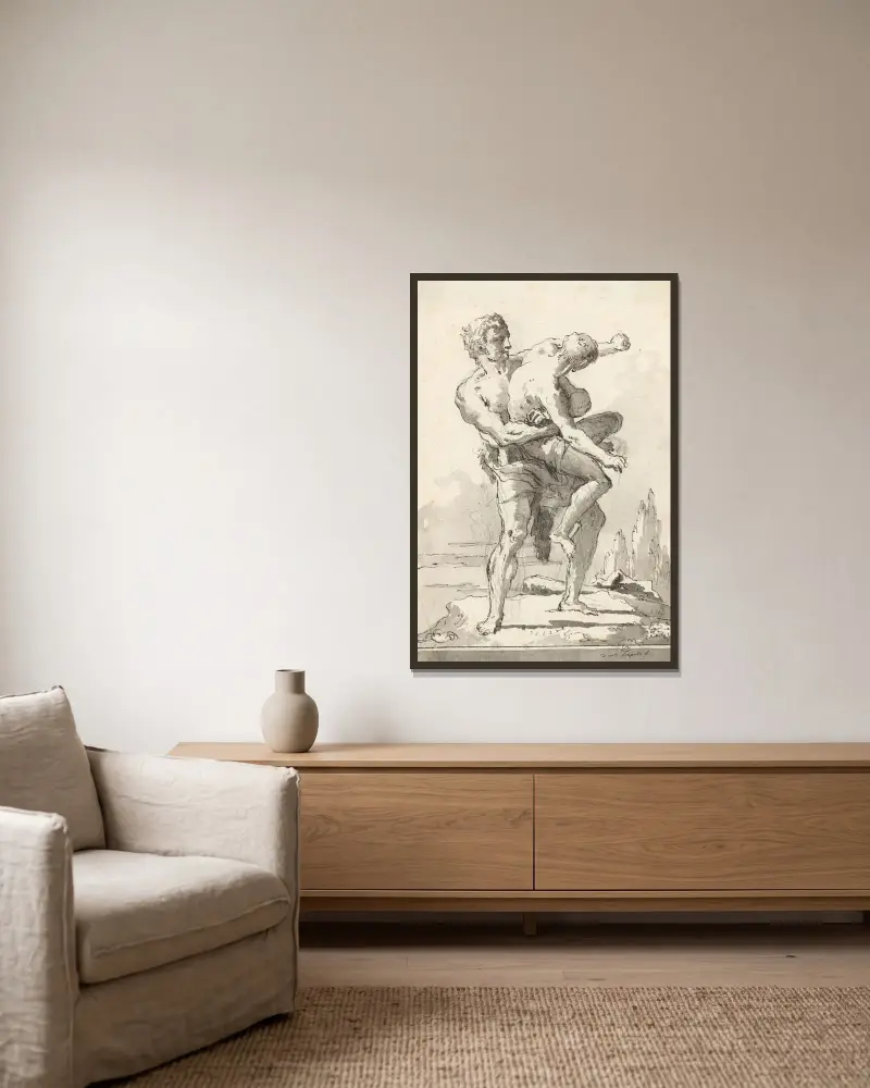 Herkules och Antaios (med en avsats nedanför) av Giovanni Domenico Tiepolo inramad på en vägg
