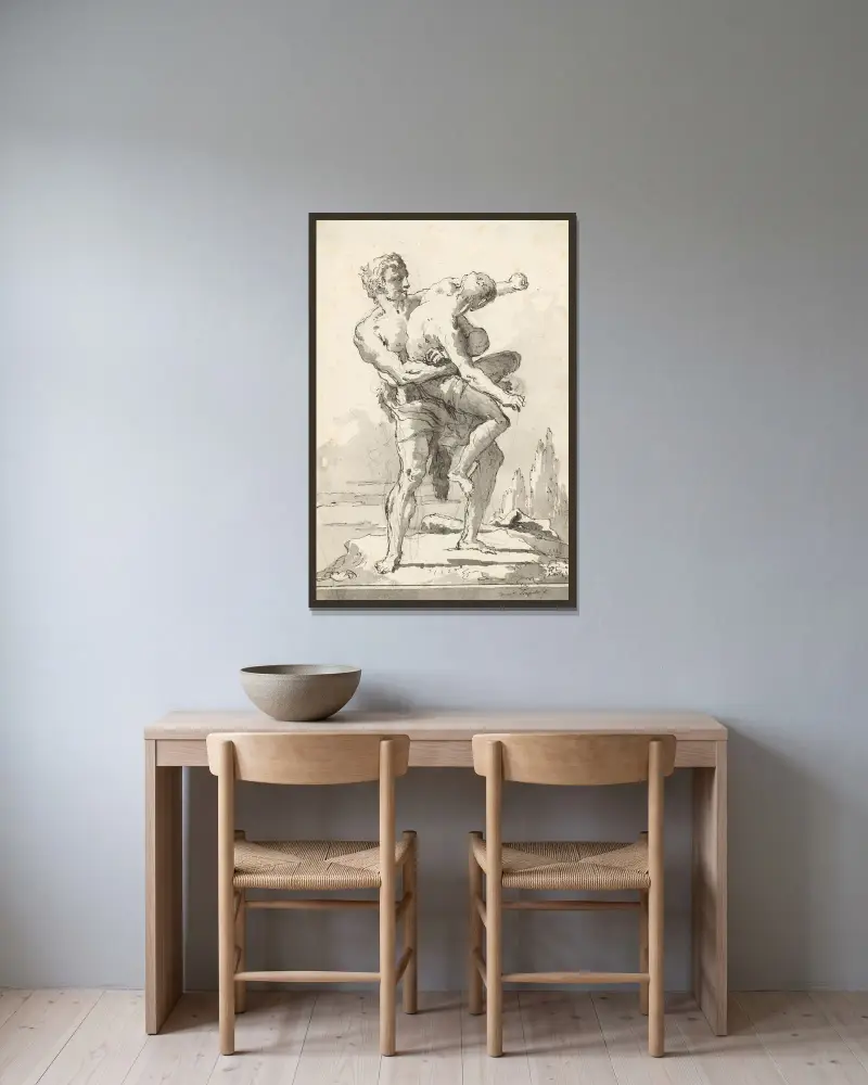 Herkules och Antaios (med en avsats nedanför) av Giovanni Domenico Tiepolo inramad på en vägg