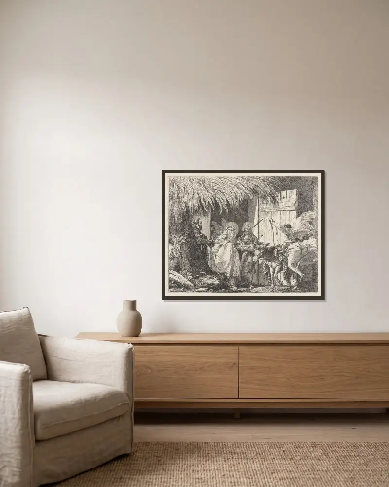 Josef och Maria gör sig redo att lämna av Giovanni Domenico Tiepolo inramad på en vägg