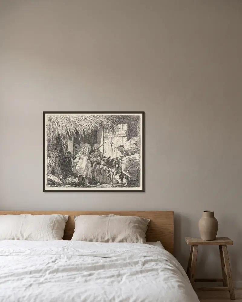 Josef och Maria gör sig redo att lämna av Giovanni Domenico Tiepolo inramad på en vägg