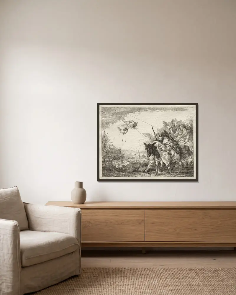 Josef som stannar för att betrakta Kristusbarnet av Giovanni Domenico Tiepolo inramad på en vägg