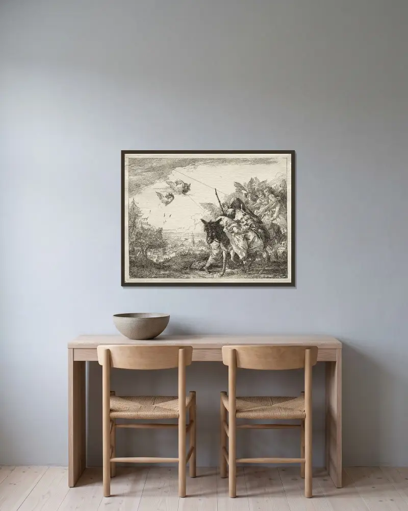 Josef som stannar för att betrakta Kristusbarnet av Giovanni Domenico Tiepolo inramad på en vägg