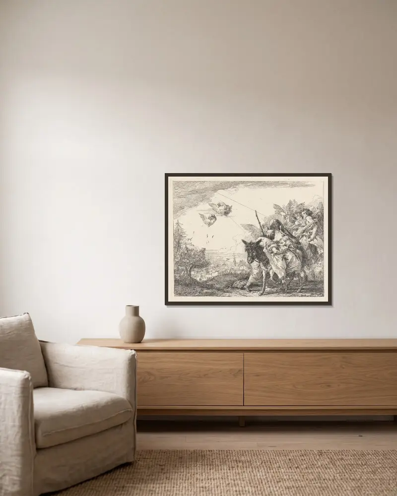 Josef stående, tillber barnet av Giovanni Domenico Tiepolo inramad på en vägg