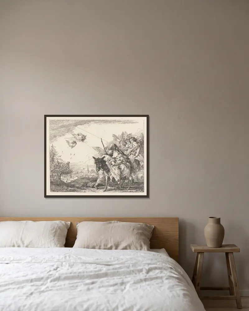 Josef stående, tillber barnet av Giovanni Domenico Tiepolo inramad på en vägg