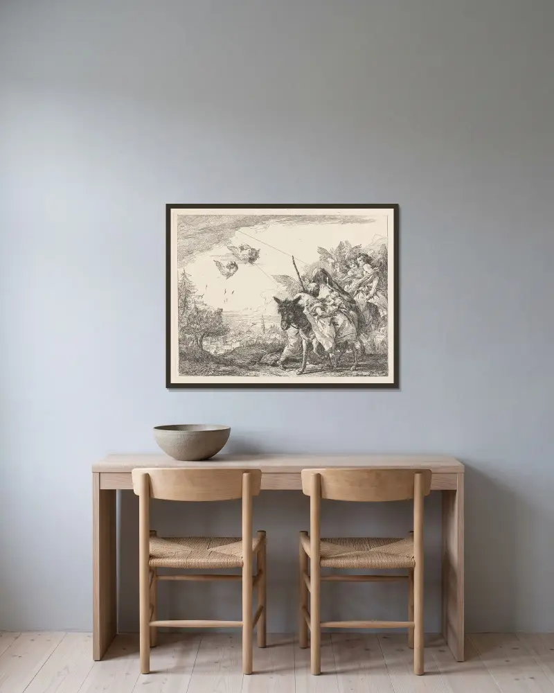 Josef stående, tillber barnet av Giovanni Domenico Tiepolo inramad på en vägg