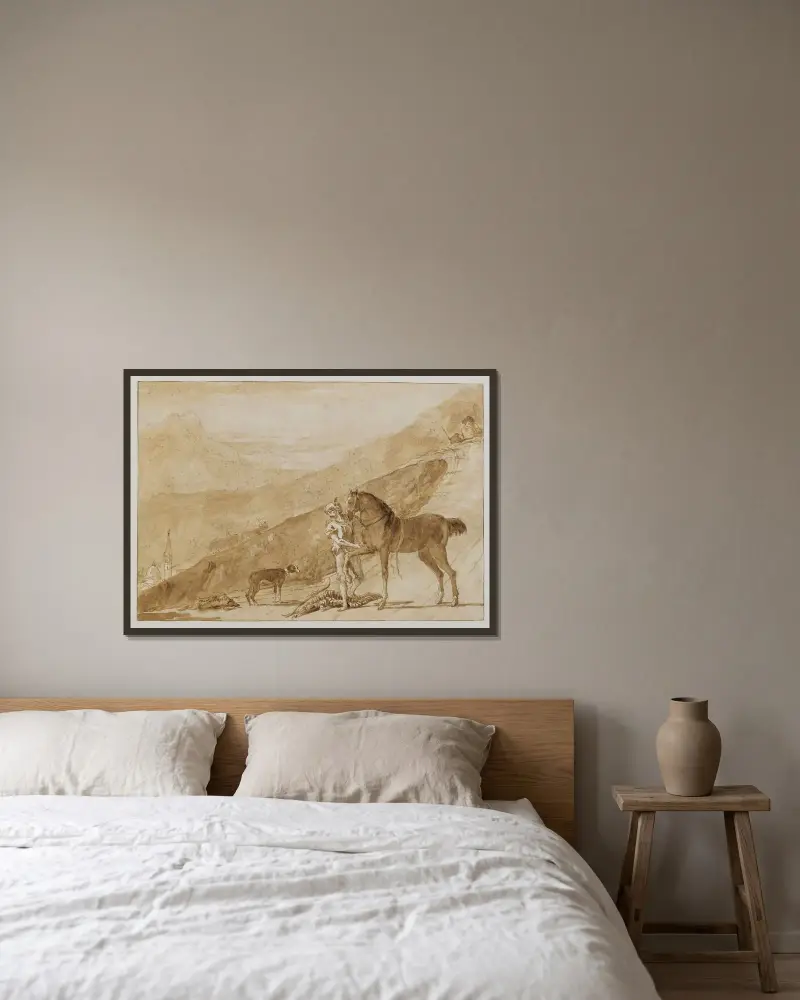 Landskap med häst hållen av en page av Giovanni Domenico Tiepolo inramad på en vägg