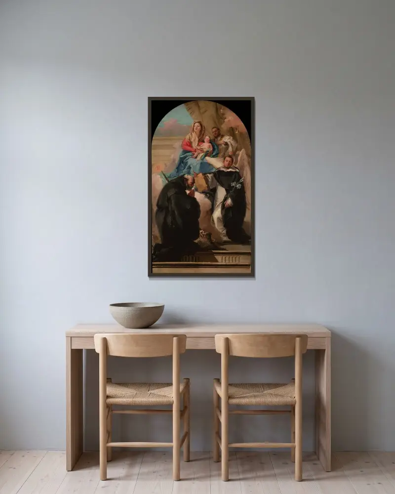 Madonna med barnet och tre helgon av Giovanni Domenico Tiepolo inramad på en vägg