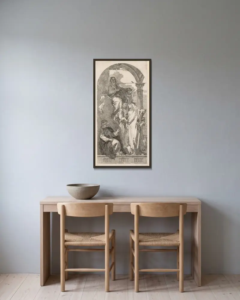 Madonna med heliga Agnes, Katarina och Rosa av Giovanni Domenico Tiepolo inramad på en vägg