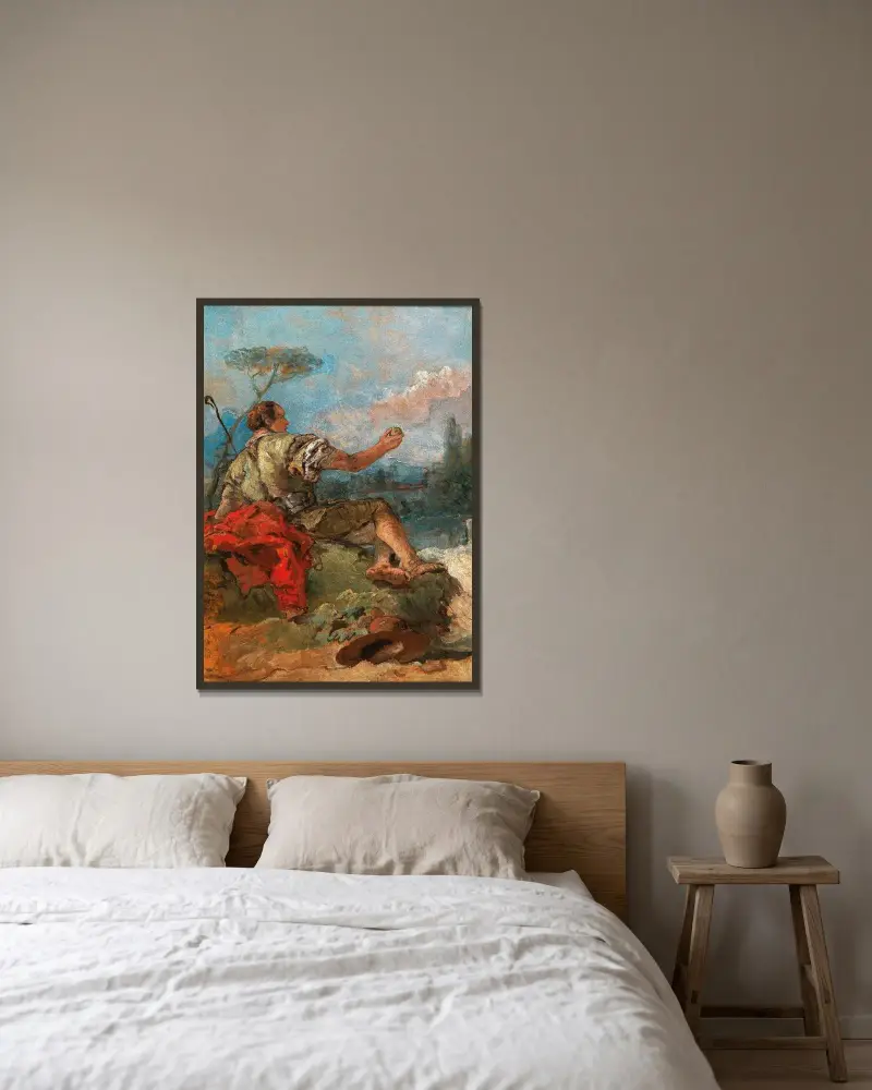 Paris mit einem Apfel von Giovanni Domenico Tiepolo gerahmt an einer Wand