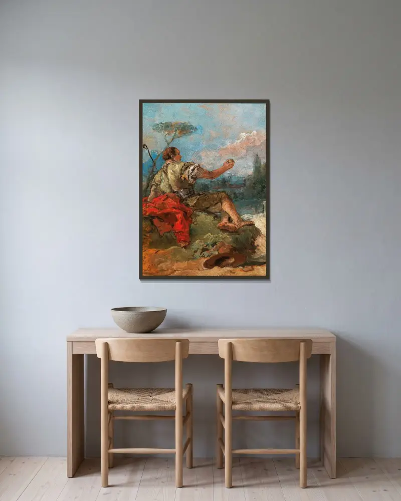 Paris mit einem Apfel von Giovanni Domenico Tiepolo gerahmt an einer Wand