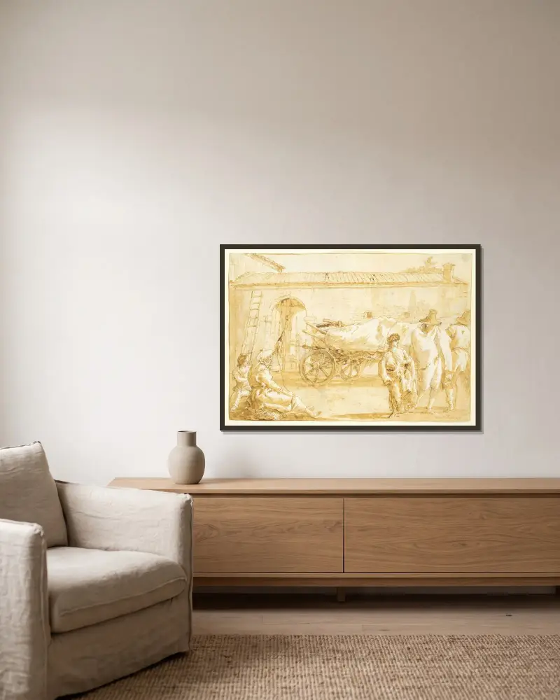 Bönder med kärra av Giovanni Domenico Tiepolo inramad på en vägg