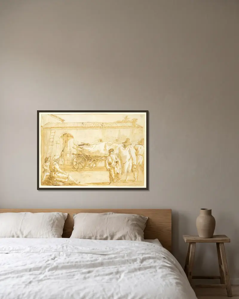 Bönder med kärra av Giovanni Domenico Tiepolo inramad på en vägg