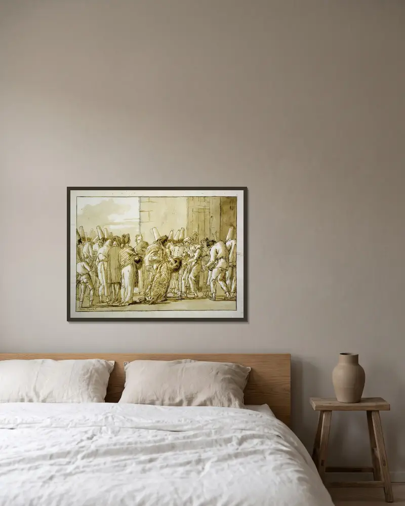 Punchinellas far kommer hem med sin brud av Giovanni Domenico Tiepolo inramad på en vägg