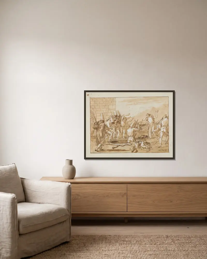 Punchinello hämtar döda fåglar ur en brunn av Giovanni Domenico Tiepolo inramad på en vägg