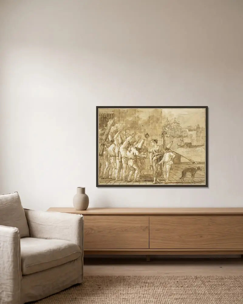 Punchinellos farväl till Venedig av Giovanni Domenico Tiepolo inramad på en vägg