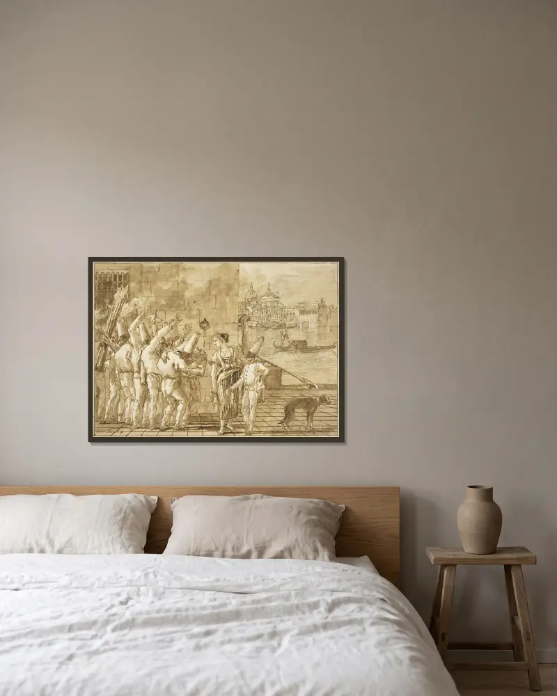 Punchinellos farväl till Venedig av Giovanni Domenico Tiepolo inramad på en vägg