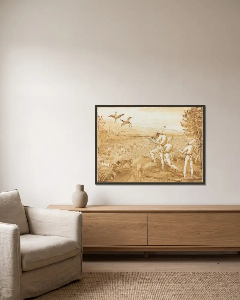 Punchinellos Hunting Waterfowl av Giovanni Domenico Tiepolo inramad på en vägg