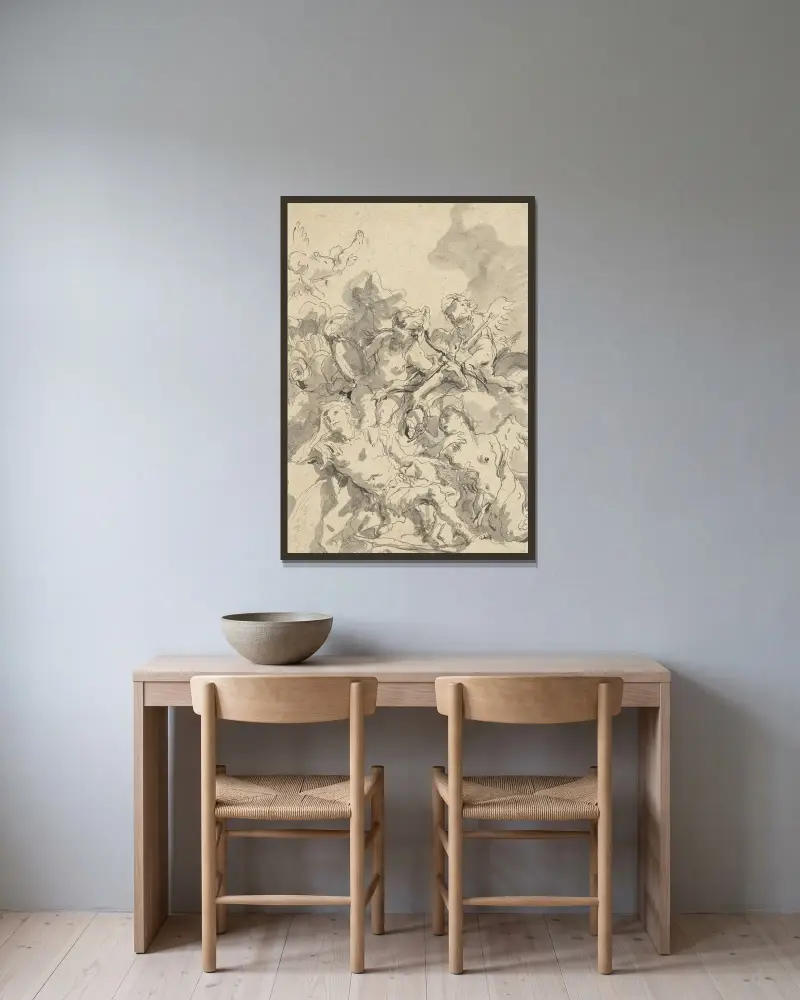 Rinaldo förtrollad av Armida av Giovanni Domenico Tiepolo inramad på en vägg