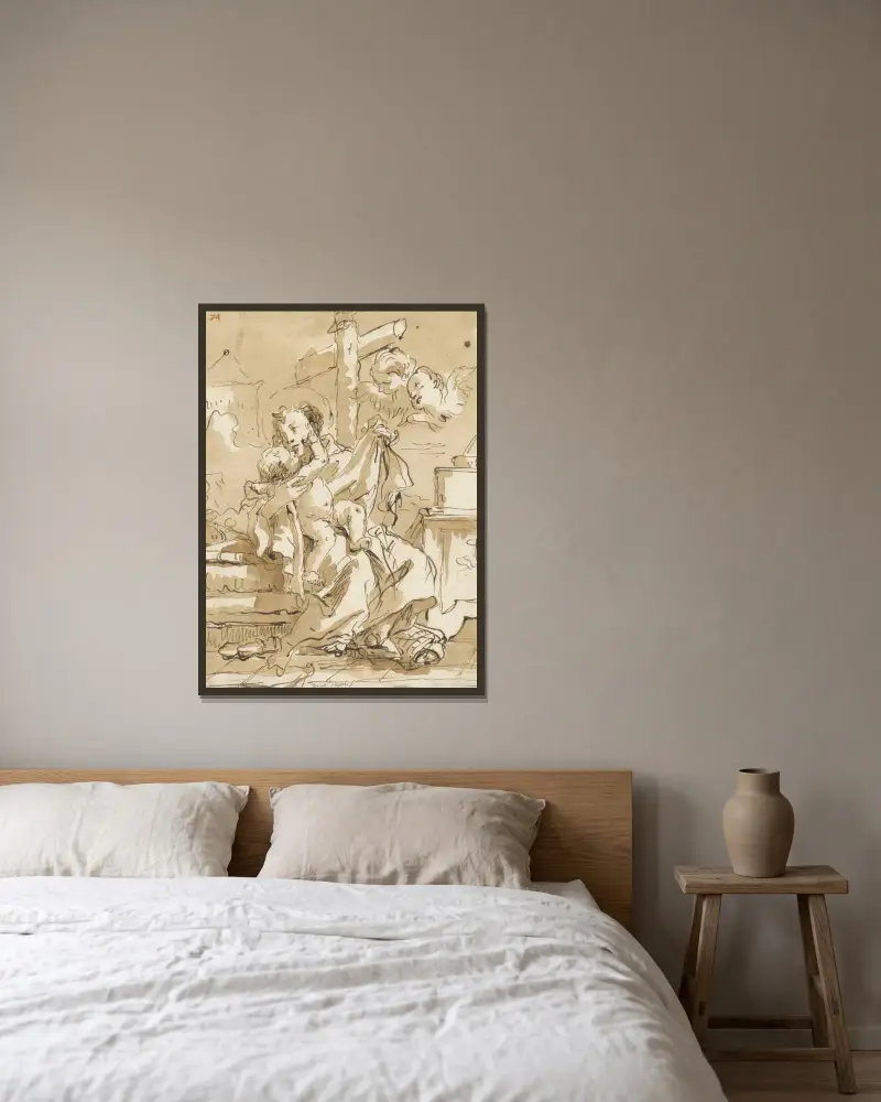 Sankt Antonius av Padua med Kristusbarnet, i en interiör av Giovanni Domenico Tiepolo inramad på en vägg