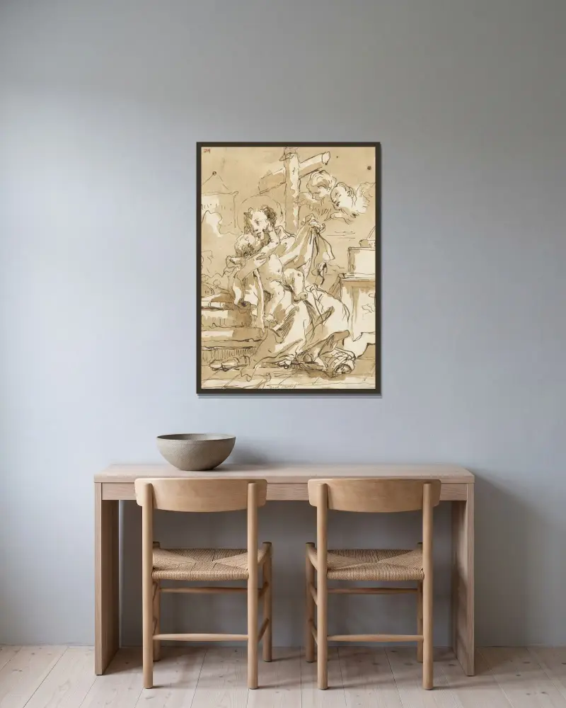 Sankt Antonius av Padua med Kristusbarnet, i en interiör av Giovanni Domenico Tiepolo inramad på en vägg