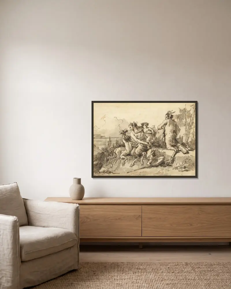 Satyrfamilie in wilder Landschaft von Giovanni Domenico Tiepolo gerahmt an einer Wand