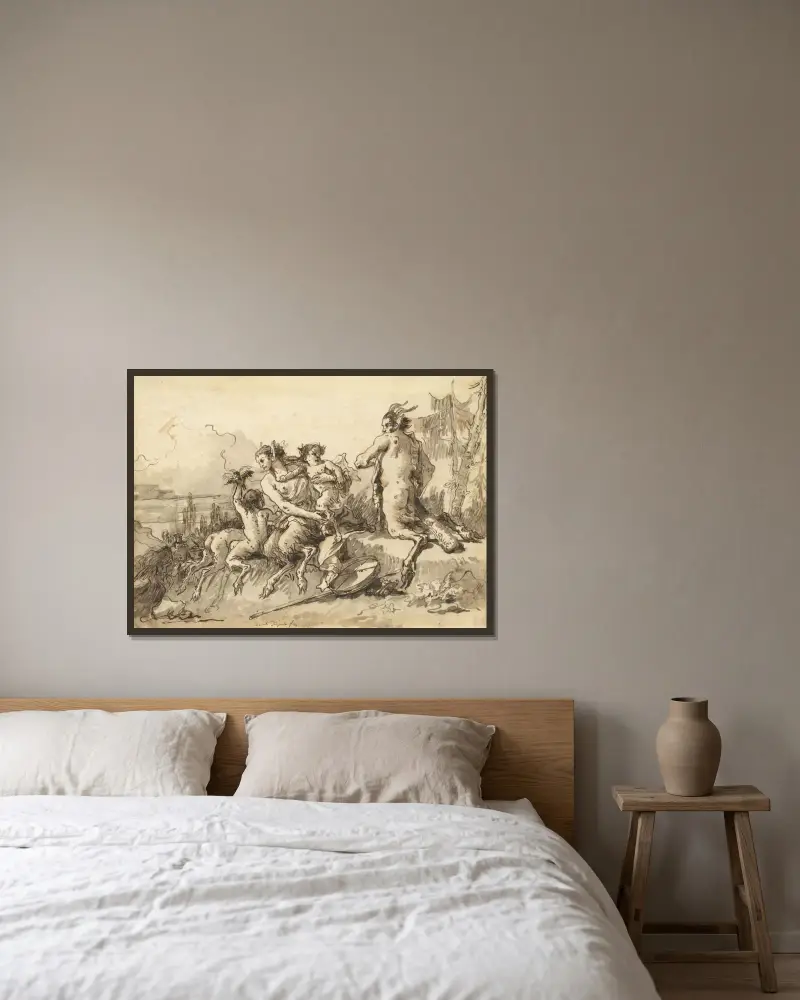 Satyrfamilie in wilder Landschaft von Giovanni Domenico Tiepolo gerahmt an einer Wand