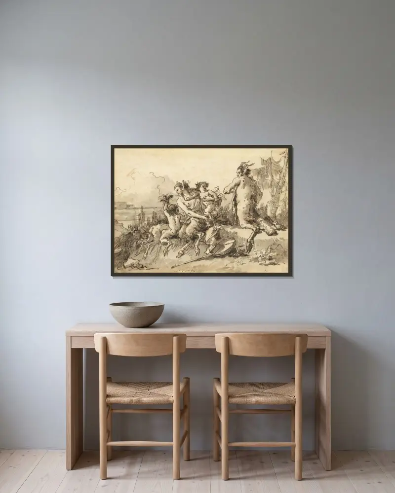 Satyrfamilie in wilder Landschaft von Giovanni Domenico Tiepolo gerahmt an einer Wand
