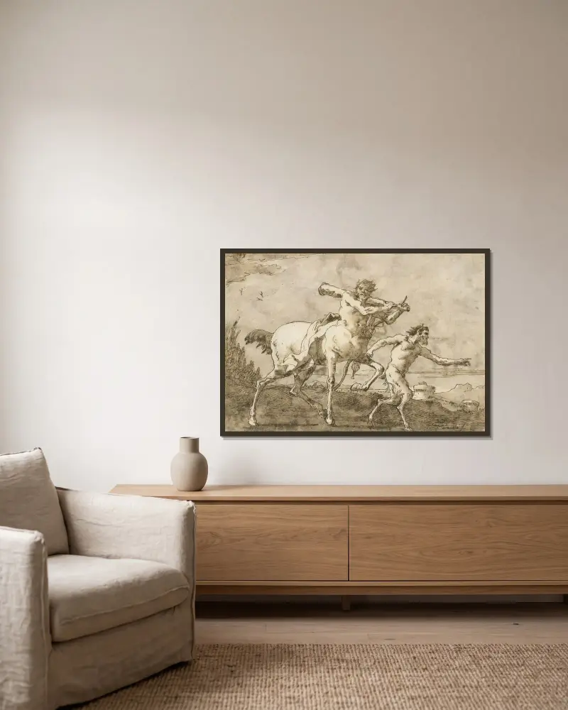 Satyr prowadzący centaura z maczugą, łukiem i kołczanem przed murami miasta, Giovanni Domenico Tiepolo w ramie na ścianie