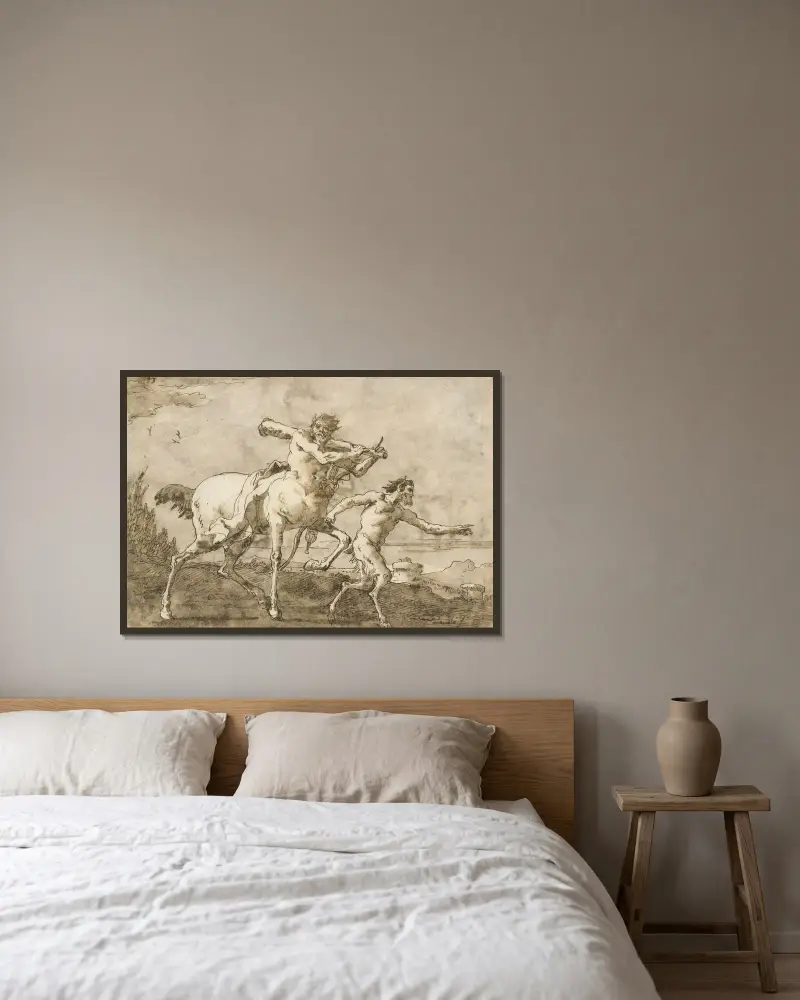 Satyr prowadzący centaura z maczugą, łukiem i kołczanem przed murami miasta, Giovanni Domenico Tiepolo w ramie na ścianie