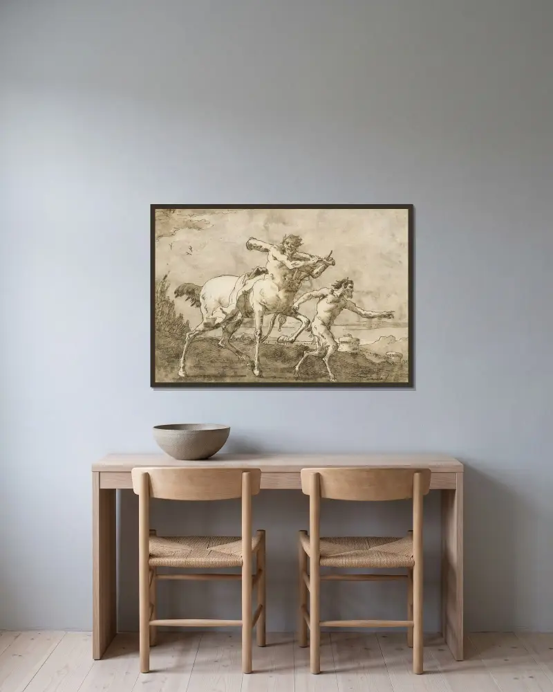 Satyr prowadzący centaura z maczugą, łukiem i kołczanem przed murami miasta, Giovanni Domenico Tiepolo w ramie na ścianie