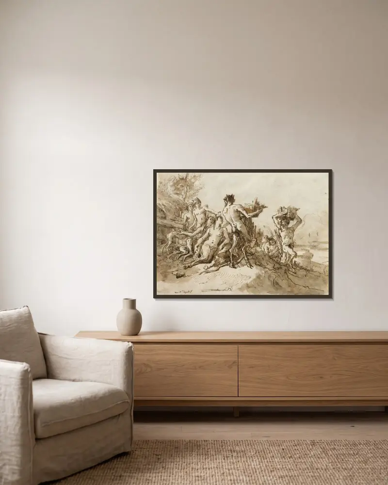 Satyrer bärande korgar med förnödenheter till sina familjer av Giovanni Domenico Tiepolo inramad på en vägg