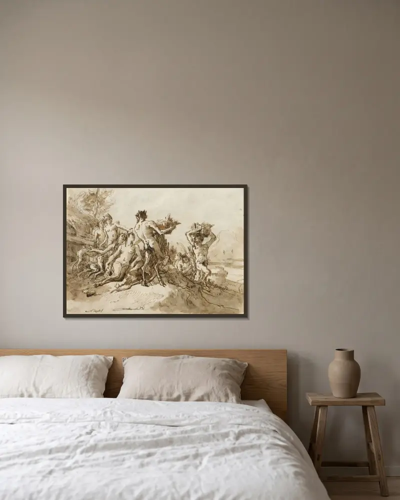 Satyrer bärande korgar med förnödenheter till sina familjer av Giovanni Domenico Tiepolo inramad på en vägg