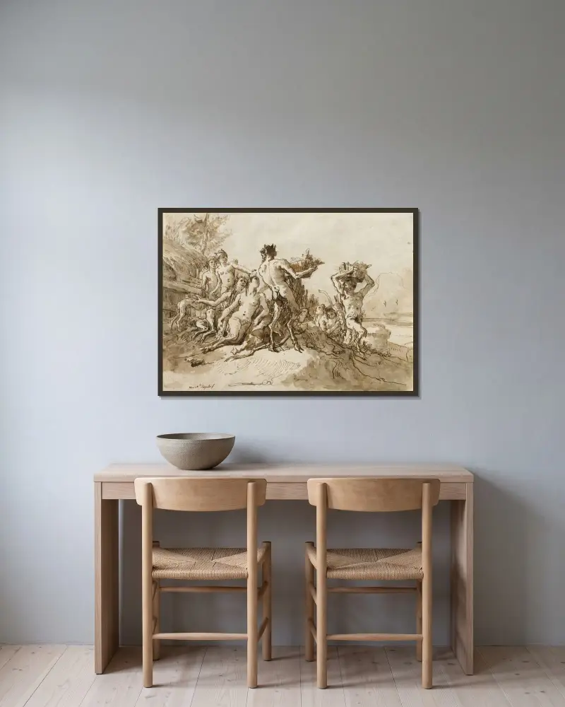 Satyrer bärande korgar med förnödenheter till sina familjer av Giovanni Domenico Tiepolo inramad på en vägg