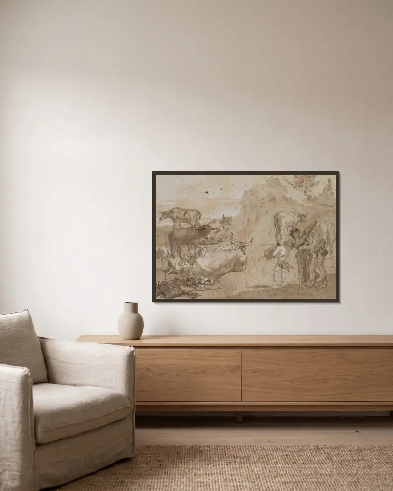 Schafe und Kühe von Giovanni Domenico Tiepolo gerahmt an einer Wand