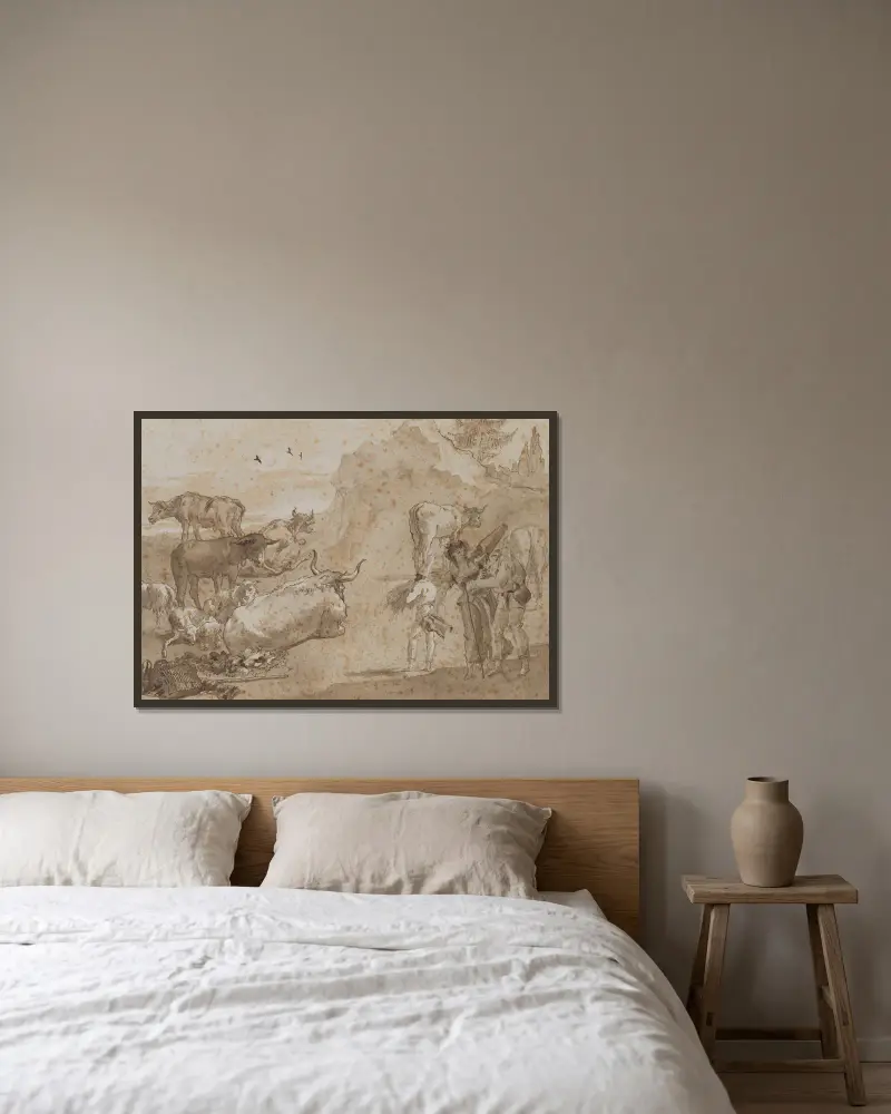 Schafe und Kühe von Giovanni Domenico Tiepolo gerahmt an einer Wand