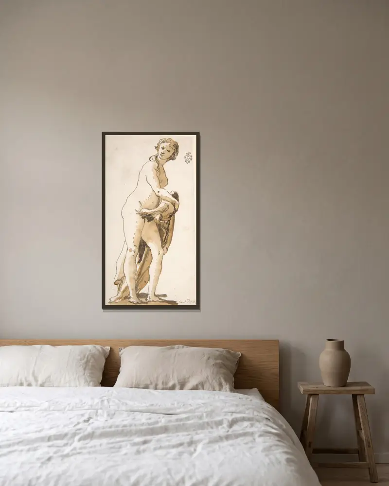 Studie av en trädgårdsskulptur; Leda av Giovanni Domenico Tiepolo inramad på en vägg