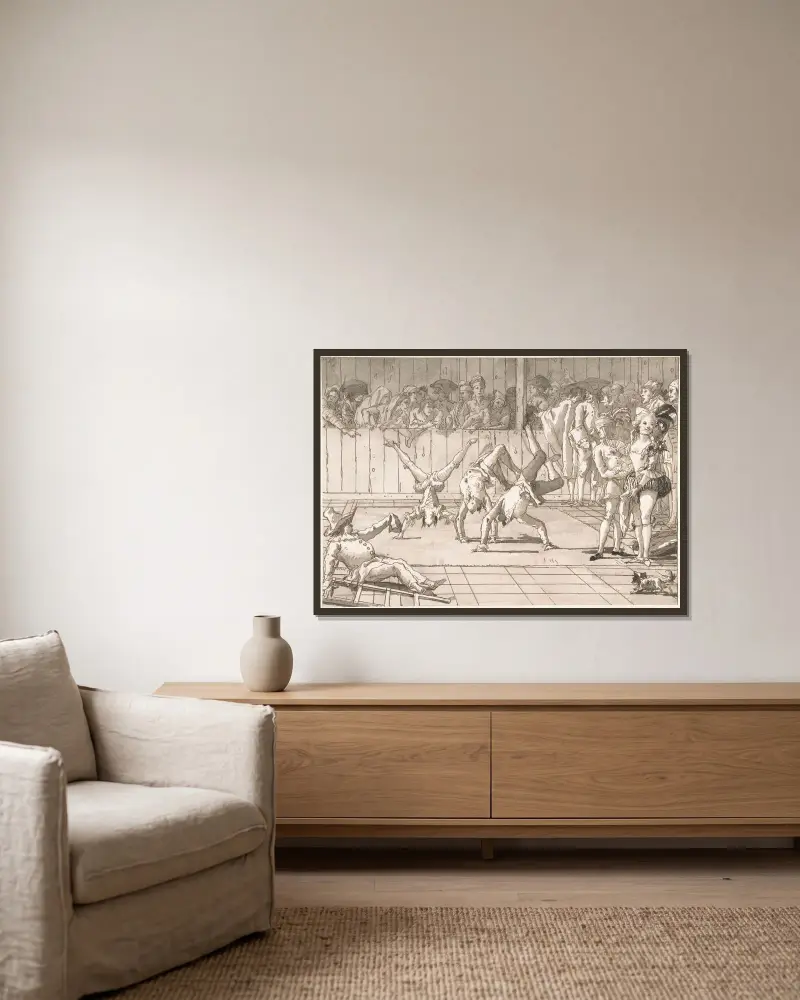 Akrobaterna av Giovanni Domenico Tiepolo inramad på en vägg