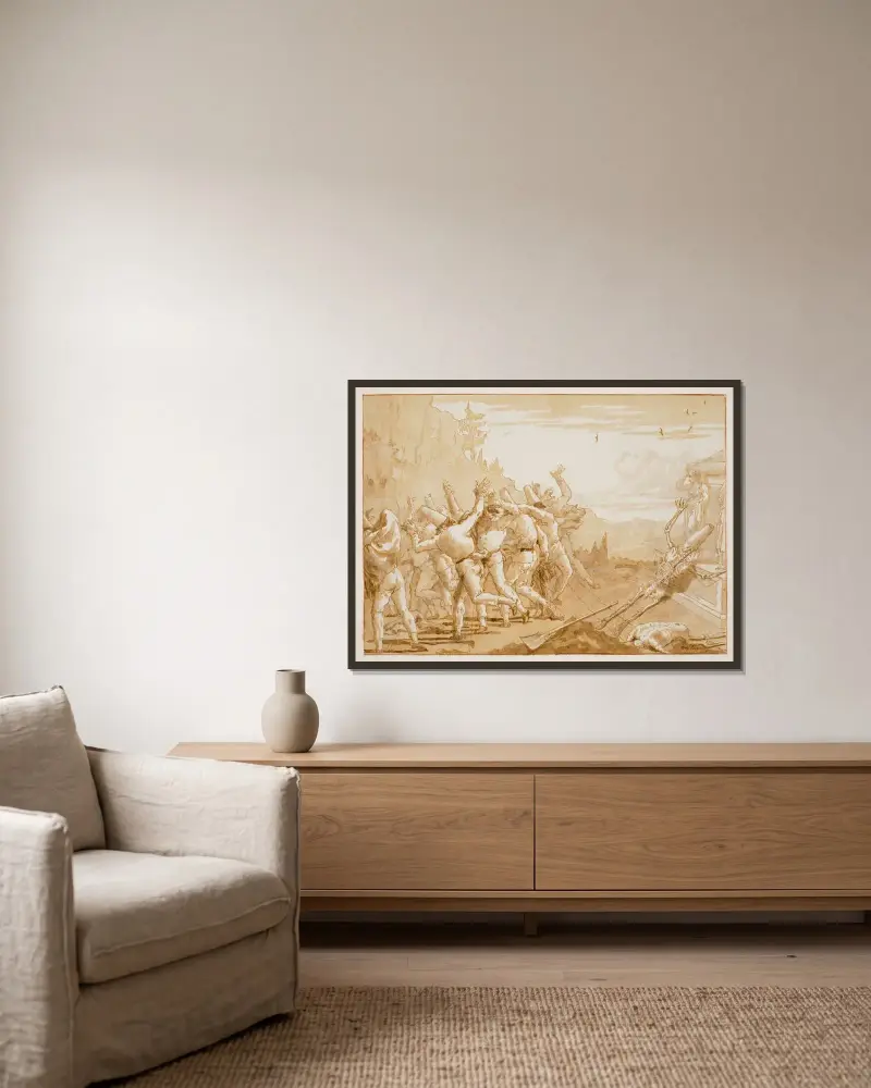 Skelettet av Punchinello visar sig vid sin grav av Giovanni Domenico Tiepolo inramad på en vägg