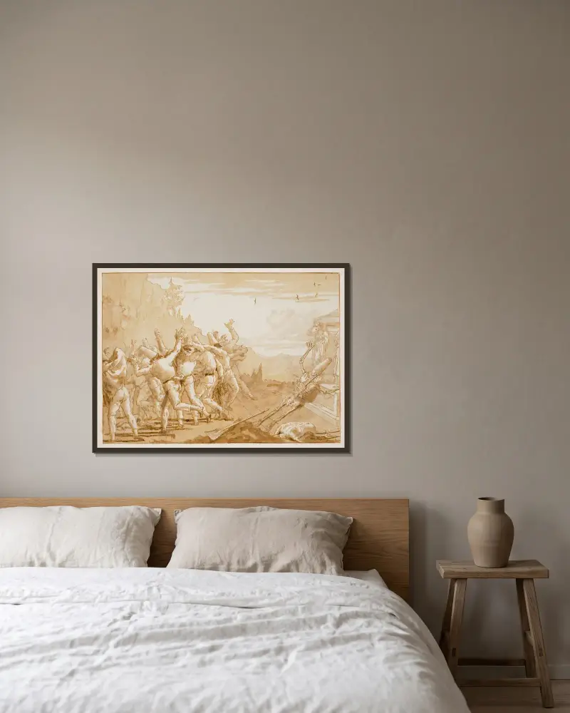 Skelettet av Punchinello visar sig vid sin grav av Giovanni Domenico Tiepolo inramad på en vägg