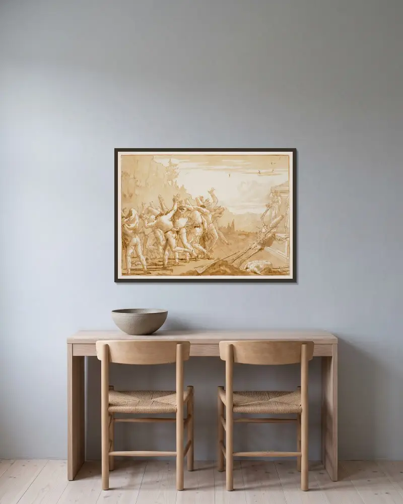 Skelettet av Punchinello visar sig vid sin grav av Giovanni Domenico Tiepolo inramad på en vägg