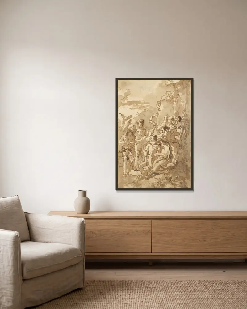Kristi dop (med en kvinna som håller ett barn bland åskådarna till höger) av Giovanni Domenico Tiepolo inramad på en vägg