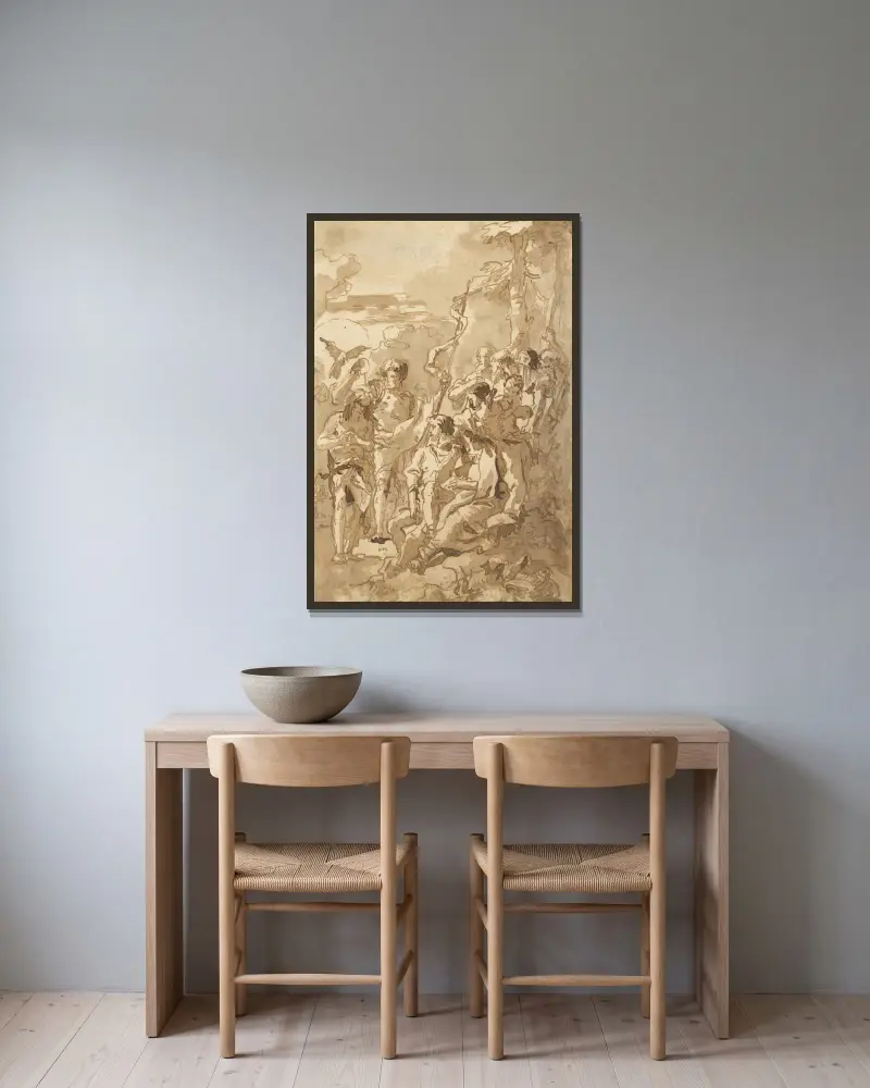 Kristi dop (med en kvinna som håller ett barn bland åskådarna till höger) av Giovanni Domenico Tiepolo inramad på en vägg
